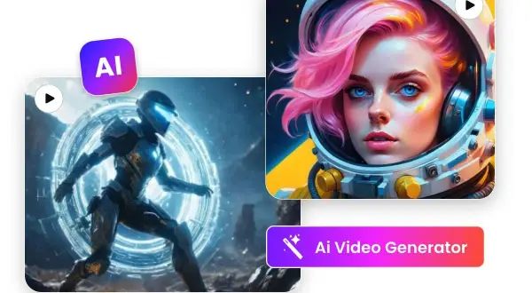Generator filmów AI darmowy: zobacz futurystycznego wojownika i astronautkę z różowymi włosami.