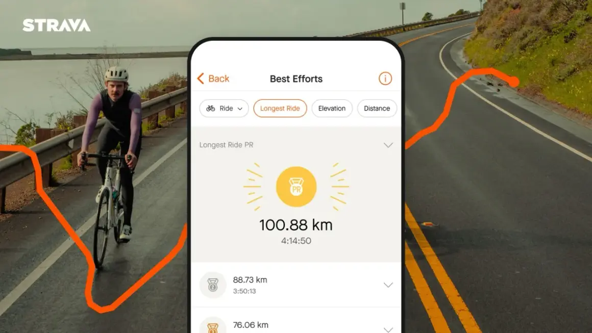 Aplikacja Strava pokazuje rekordowy przejazd rowerem: 100,88 km w 4:14:50. To dowód, że warto śledzić swoje osiągnięcia.