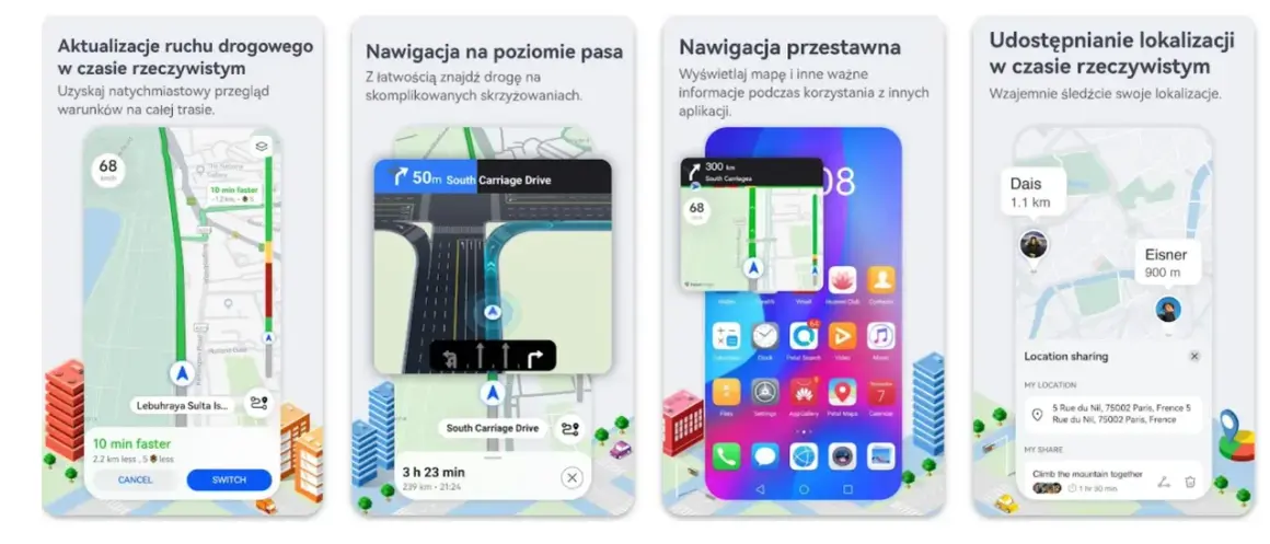 Darmowa nawigacja samochodowa z aktualizacjami ruchu, wskazówkami pasa ruchu i udostępnianiem lokalizacji.