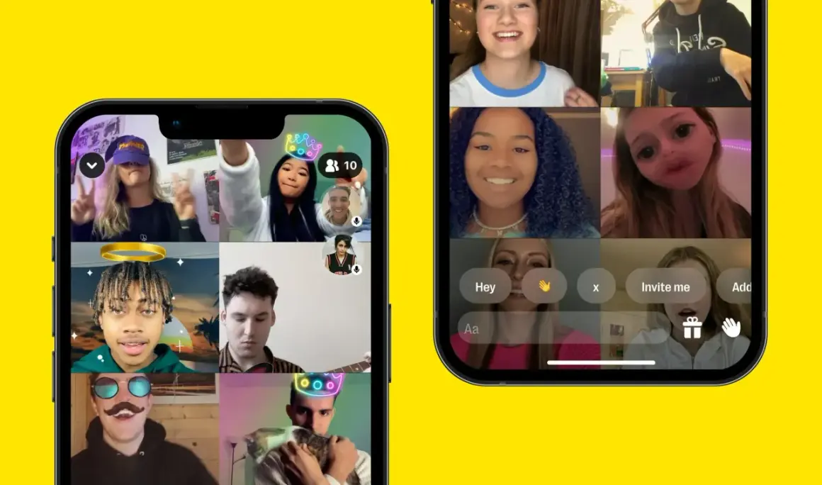 Na ekranach telefonów widać rozmowy wideo na Yubo. Użytkownicy używają filtrów, wysyłają emotki i zapraszają znajomych.