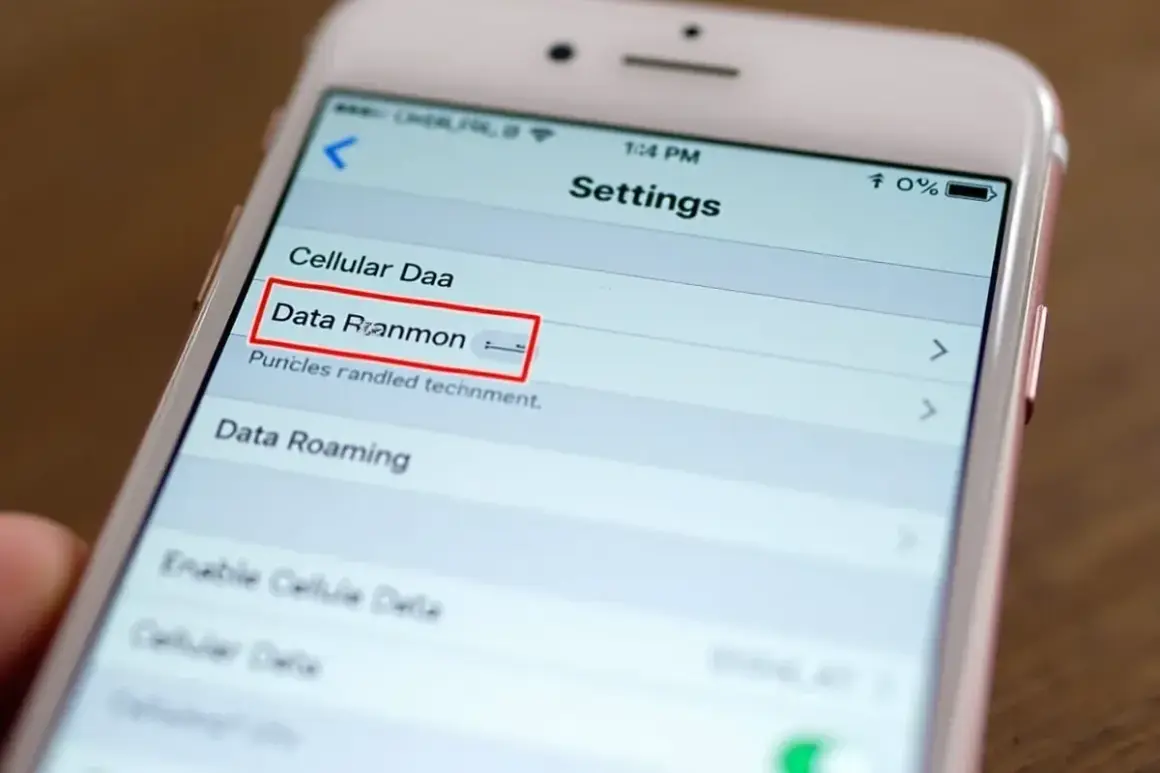 Ustawienia telefonu, gdzie widać opcję "Data Roaming" (roaming danych). Aby włączyć roaming, należy przejść do tej sekcji.