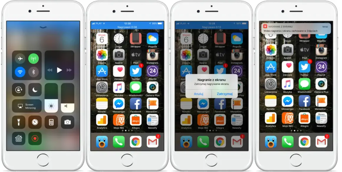 Nagrywanie ekranu na iPhonie. Widzimy ekran z ikonami aplikacji i menu kontroli.