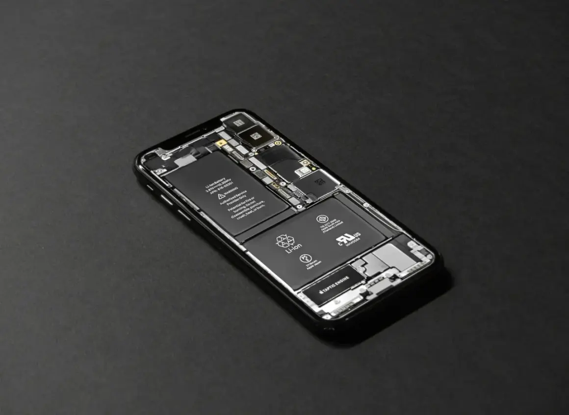 Rozłożony iPhone z widoczną baterią. Zastanawiasz się, ile trwa wymiana baterii w iPhone? To zależy od serwisu.