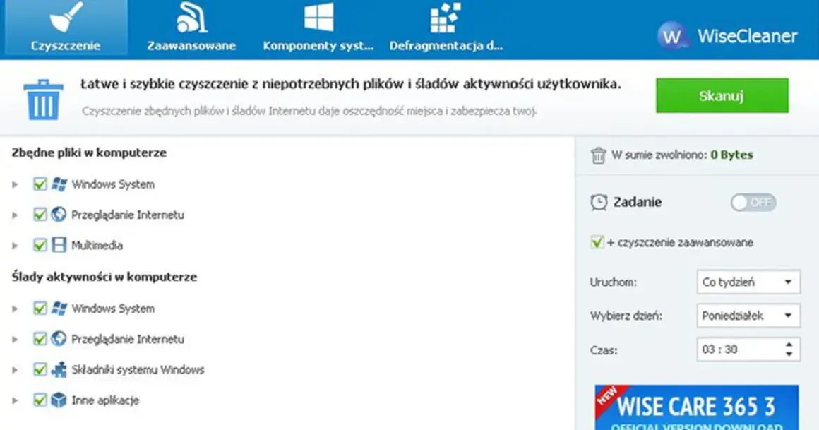 Interfejs programu WiseCleaner do czyszczenia komputera. Widoczne opcje: czyszczenie, zaawansowane, komponenty systemu, defragmentacja. Program oferuje łatwe i szybkie czyszczenie zbędnych plików i śladów aktywności użytkownika.