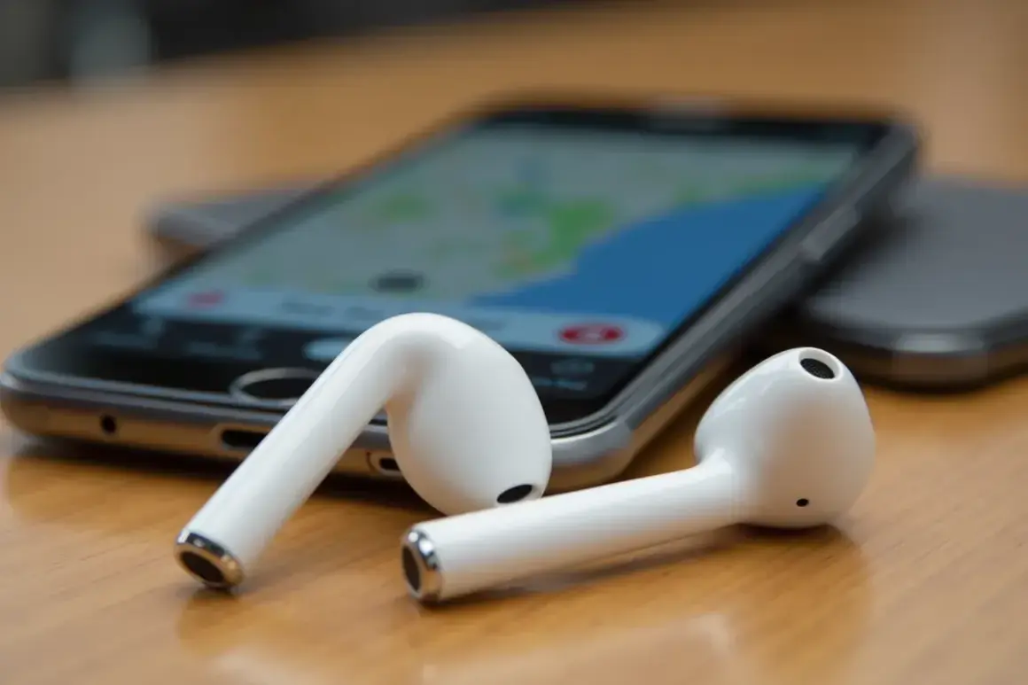 Białe słuchawki AirPods leżą obok telefonu z mapą. Zastanawiasz się, jak znaleźć zgubione AirPods?