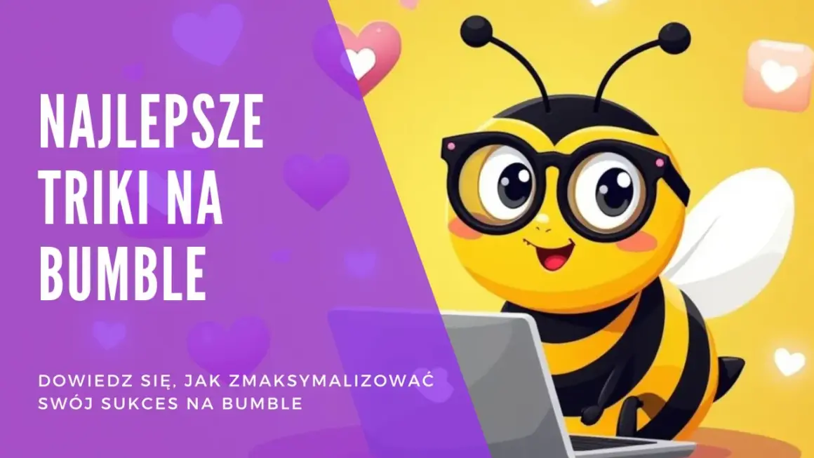 Urocza pszczółka w okularach korzysta z laptopa, by poznać najlepsze triki na bumble. Dowiedz się, jak zmaksymalizować swój sukces na bumble!