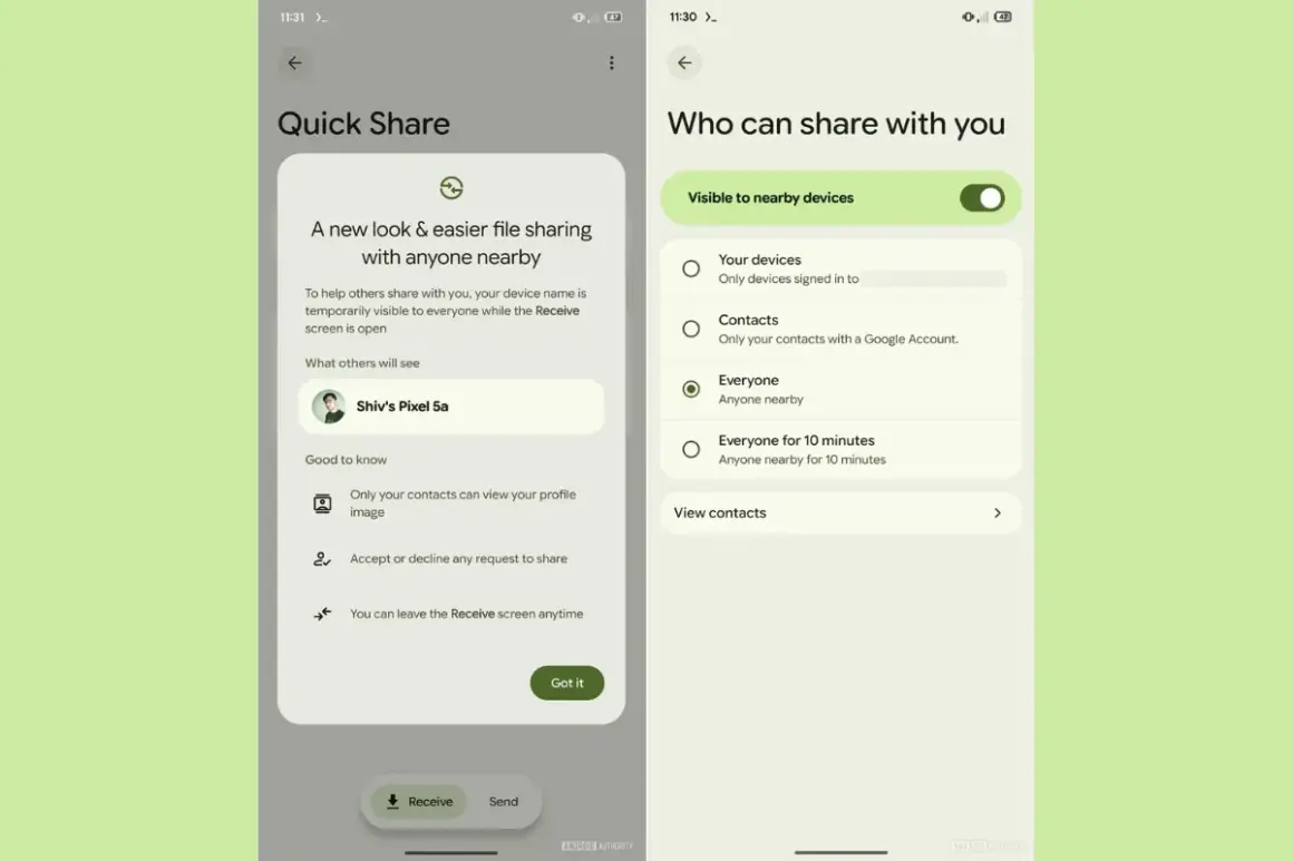 Ustawienia "Quick Share" pozwalają na szybkie udostępnianie plików. Wybierz, kto może się z Tobą dzielić.