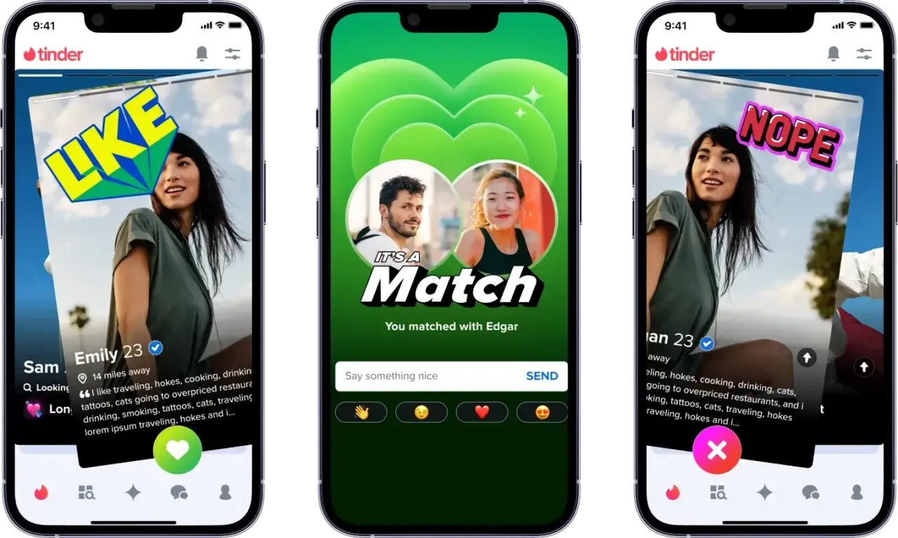 Aplikacja Tinder pokazuje interfejs randkowy: swipe w prawo