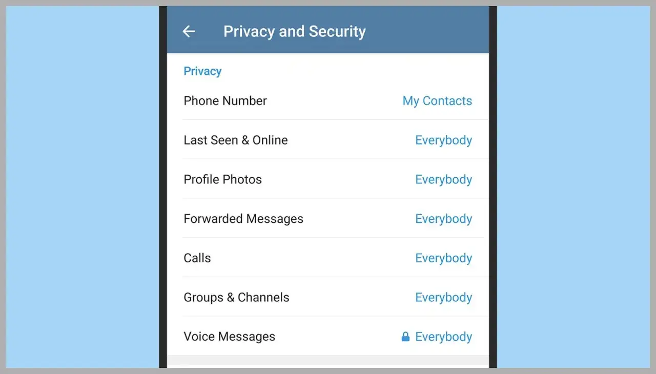 Ustawienia prywatności w komunikatorze Telegram: numer telefonu, ostatnia aktywność, zdjęcia profilowe, przekazywane wiadomości, połączenia, grupy i kanały, wiadomości głosowe.