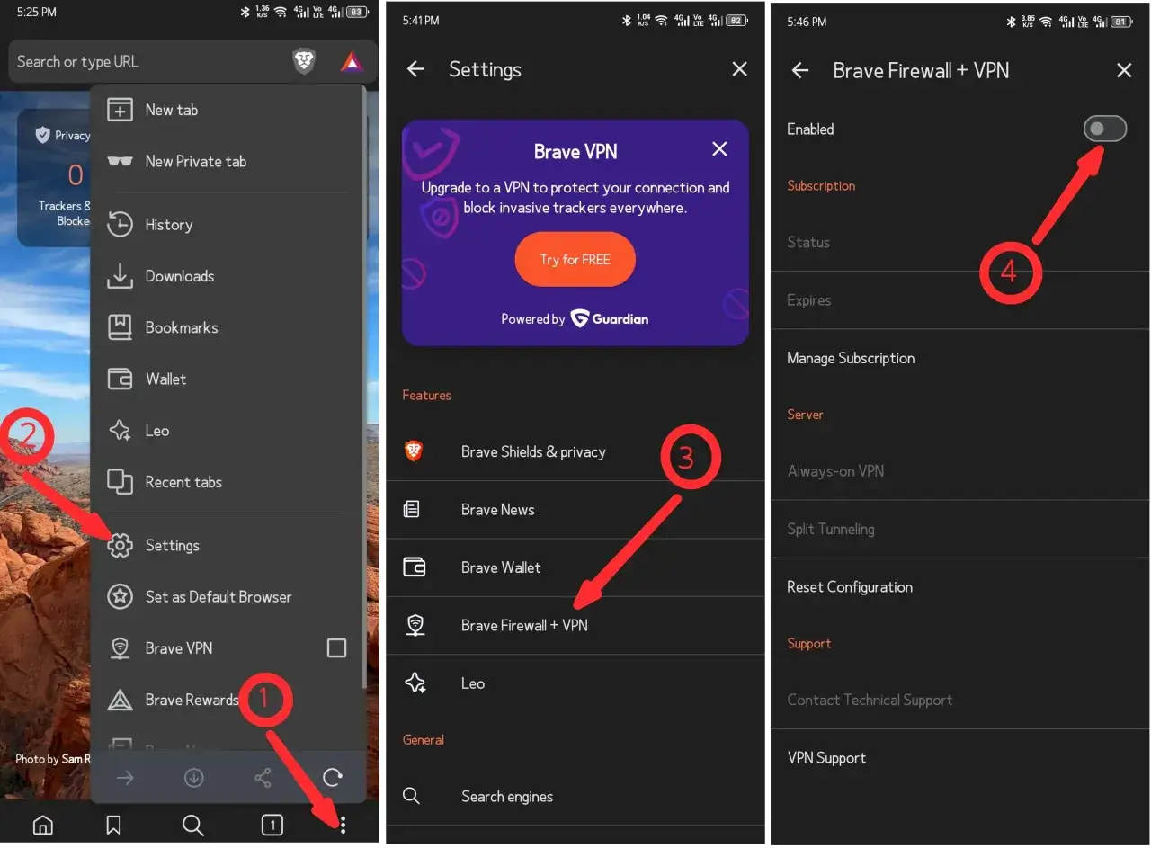 Ustawienia przeglądarki Brave, opcja Brave Firewall + VPN. Kliknij 