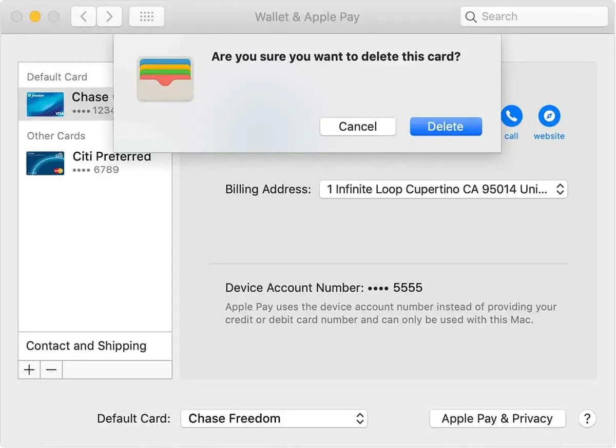 Potwierdzenie usunięcia karty z Apple Pay. Kliknij 