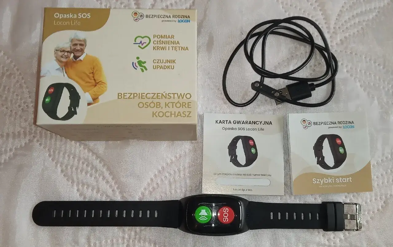 Opaska SOS Locon Life z przyciskami SOS i zielonym, zapewniająca bezpieczna rodzina. W zestawie ładowarka i instrukcje.