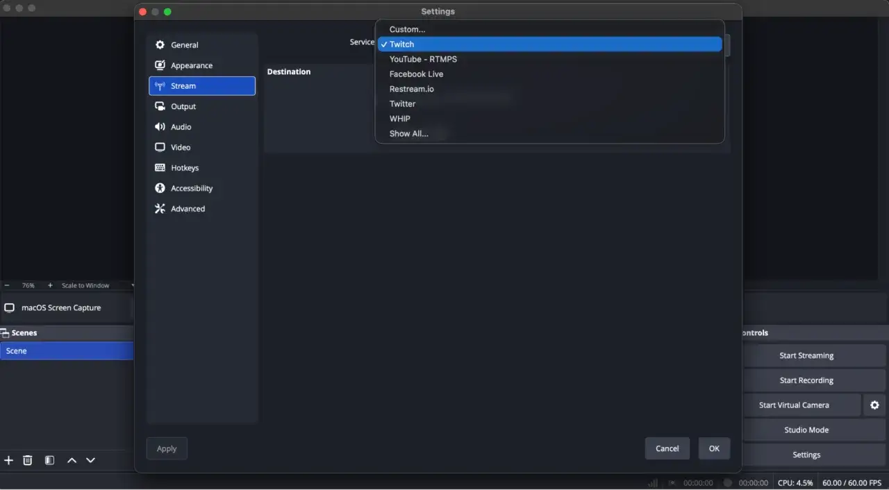 Ustawienia programu do nagrywania, gdzie wybrana jest usługa Twitch do streamowania.