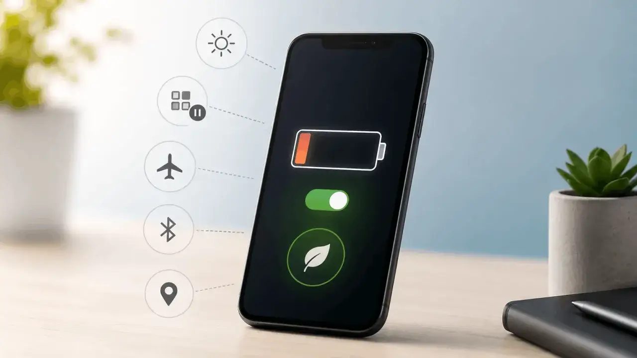 Smartfon z ikonami ustawień i wskaźnikiem baterii. Funkcja always on display oszczędza energię.