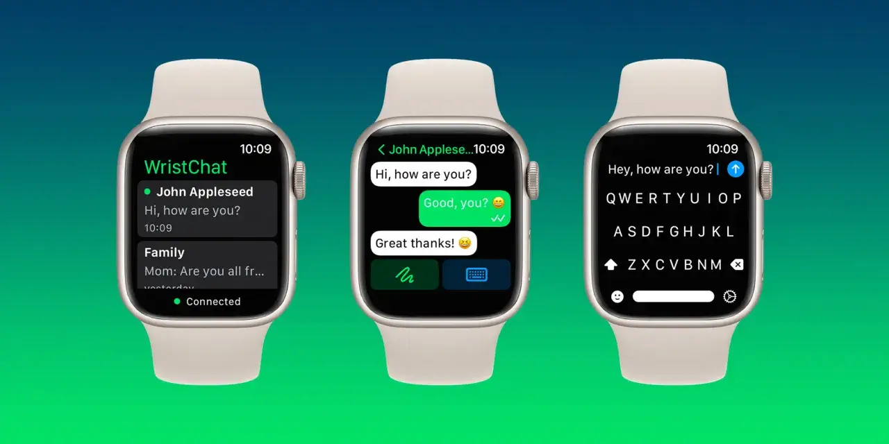 Trzy Apple Watch pokazują rozmowę na komunikatorze. Na pierwszym widać listę czatów, na drugim fragment konwersacji, a na trzecim klawiaturę do pisania wiadomości.