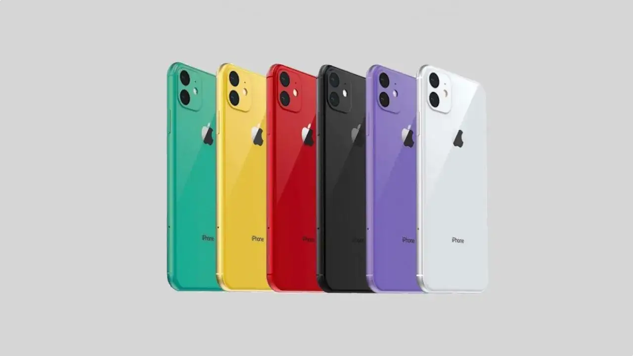 Sześć smartfonów iPhone XR w kolorach: zielonym, żółtym, czerwonym, czarnym, fioletowym i białym.