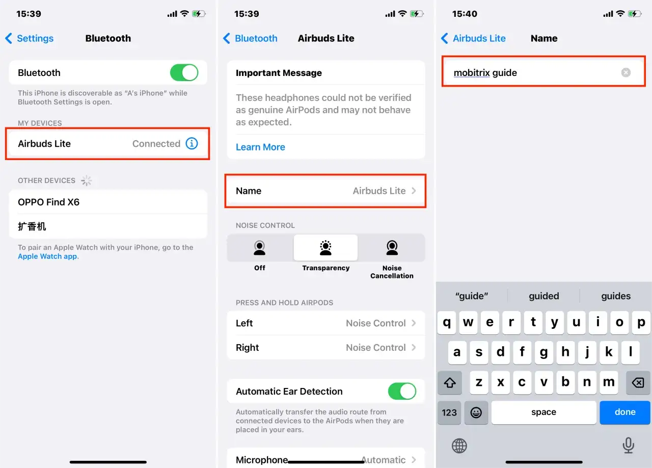 Jak zmienić nazwę iPhone'a dla Airpods Lite? Widok ekranu z ustawieniami Bluetooth, gdzie można zmienić nazwę urządzenia na
