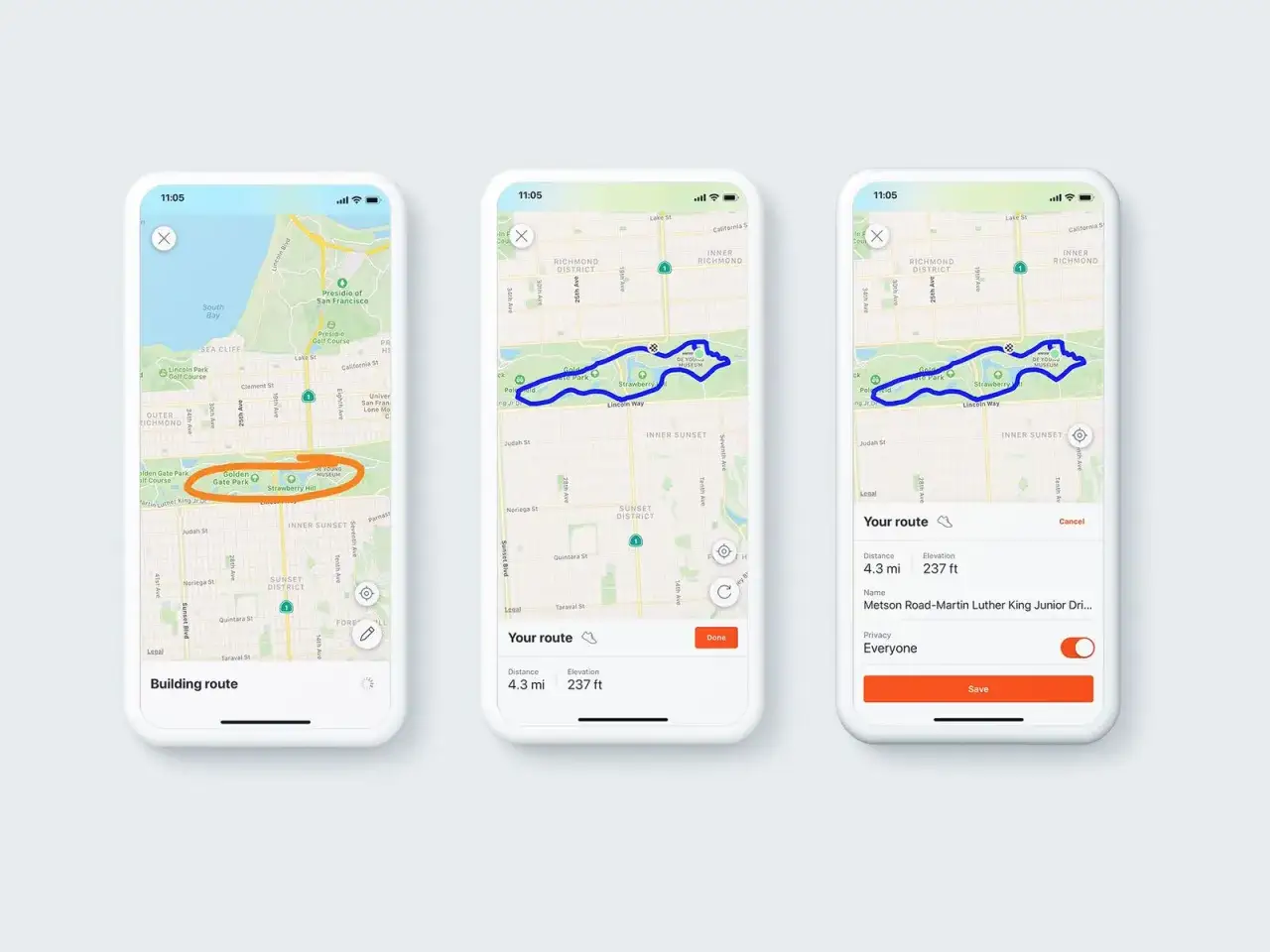 Aplikacja Strava pokazuje trasę biegu w Golden Gate Park, San Francisco. Widzimy mapę z zaznaczoną ścieżką, dystans 4.3 mil i przewyższenie 237 ft.