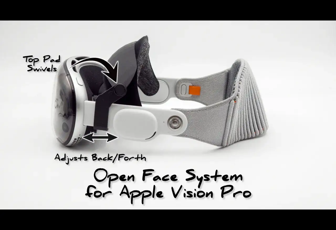 System otwartej twarzy dla Apple Vision Pro. Regulowany przód/tył i obrotowa podkładka na czoło.