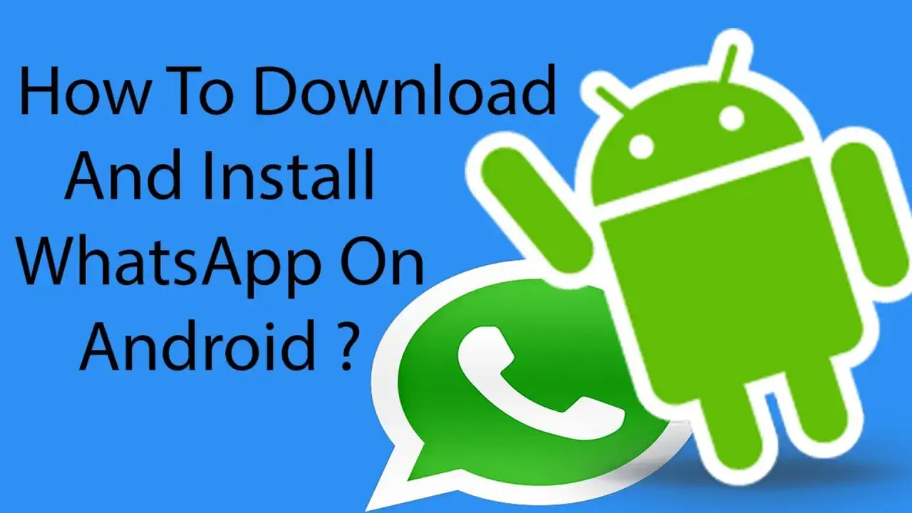 Jak zainstalować WhatsApp na Androidzie? Ikona Androida i logo WhatsApp na niebieskim tle.