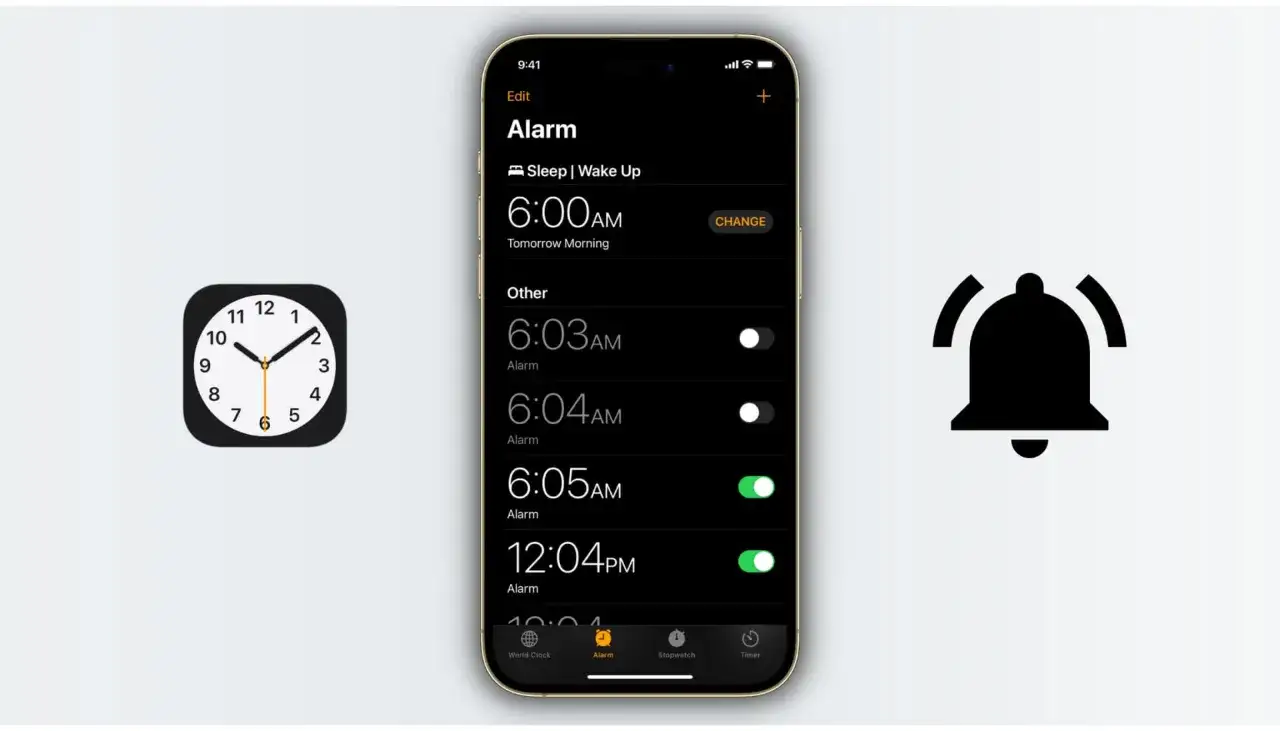 Jak ustawić budzik w telefonie? Ekran aplikacji Alarm pokazuje ustawione alarmy, w tym budzik na 6:00 AM.