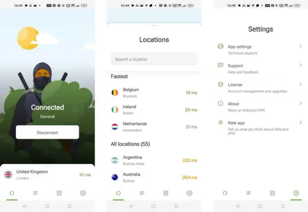Ekran główny AdGuard VPN pokazuje połączenie z Londynem. Dostępne są lokalizacje takie jak Belgia, Irlandia, Holandia, Argentyna i Australia.