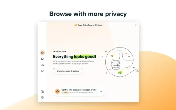Avast VPN chroni Twoją prywatność online. Okno przeglądarki pokazuje komunikat "Everything looks good!" na Facebooku, z informacją o zablokowanych trackerach.