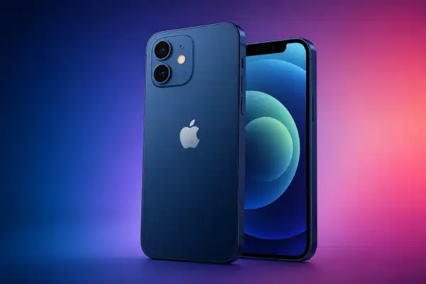 Dwa niebieskie iPhone'y 12 na tle gradientu od niebieskiego do różowego. Premiera iPhone 12.