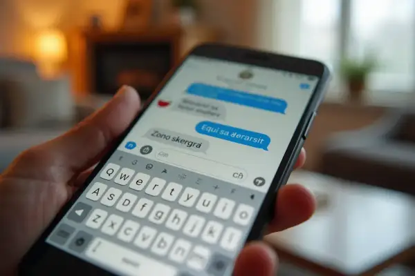 Jak ustawić polskie znaki w SMS? Na ekranie telefonu widać klawiaturę i okno wiadomości.
