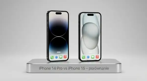 Dwa iPhone'y na srebrnej podstawce, jeden z ciemną tapetą, drugi z jasną. Porównanie iPhone 14 Pro vs iPhone 15.