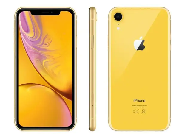 Żółty iPhone xr z przodu, z boku i z tyłu.