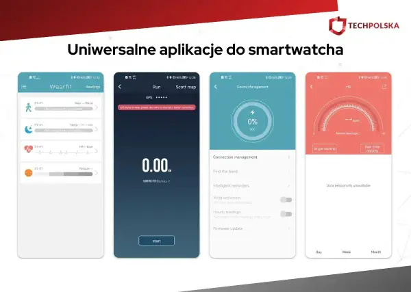 Aplikacja do zegarka z funkcjami monitorowania kroków, snu, tętna i zmęczenia. Widoczne też opcje biegania, zarządzania urządzeniem i odczytu tętna.