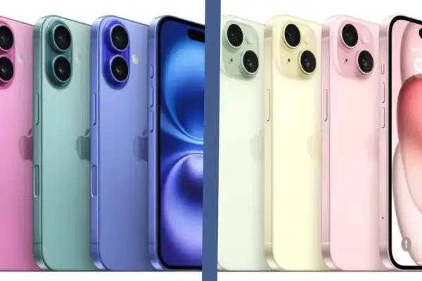 Rząd kolorowych iPhone'ów, od różowego po niebieski, prezentuje nowe funkcje iOS 16.