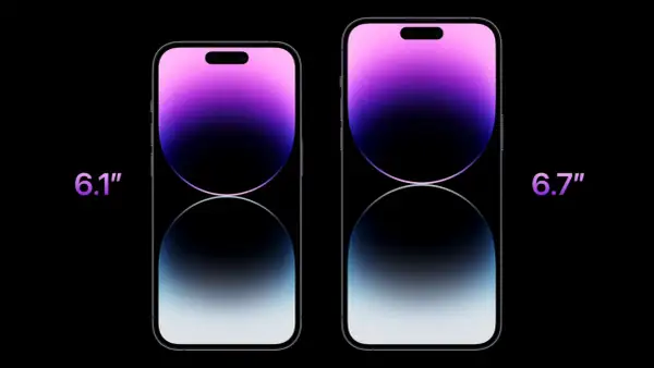 Dwa iPhone'y 14 Pro: mniejszy 6.1 cala i większy 6.7 cala. Porównanie iPhone 14 Pro wymiary.