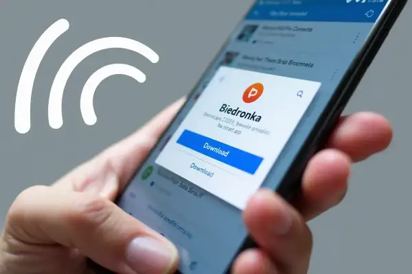 Dłoń trzyma smartfon, na ekranie którego wyświetla się okno pobierania aplikacji Biedronki.